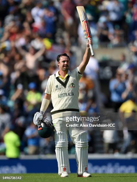 Travis Head of Australia celebrates reaching his century during day one of the ICC World Test Championship Final between Australia and India at The...