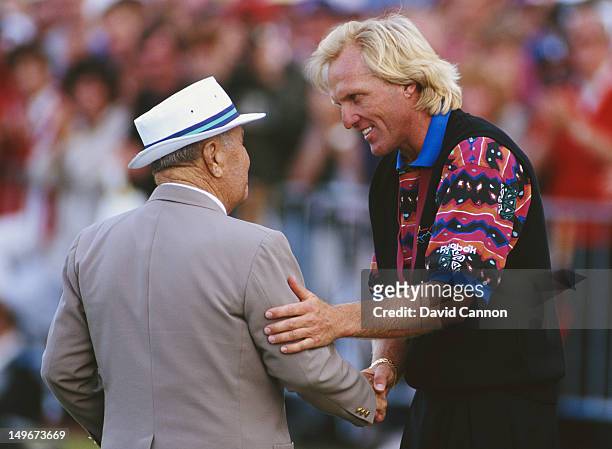 Greg Norman of Australia is congratulated by Gene Sarazen after winning the 122nd Open Championship on 18th July 1993 at the Royal St George's Golf...