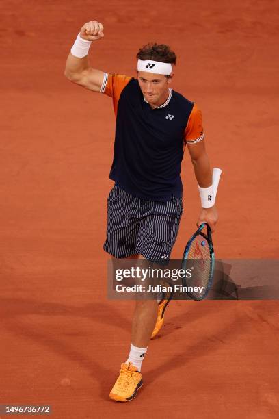 Casper Ruud of Norway celebrates a point against Holger Rune of Denmark during the Men's Singles Quarter Final match on Day Eleven of the 2023 French...