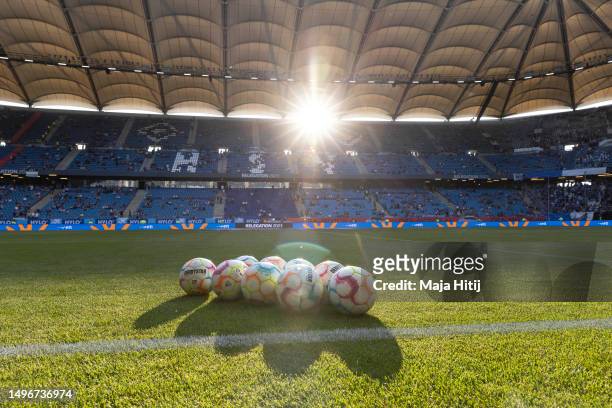 Match balls are seen prior to the Bundesliga playoffs second leg match between Hamburger SV and VfB Stuttgart at Volksparkstadion on June 05, 2023 in...