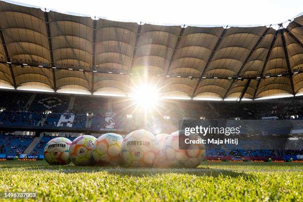 Match balls are seen prior to the Bundesliga playoffs second leg match between Hamburger SV and VfB Stuttgart at Volksparkstadion on June 05, 2023 in...