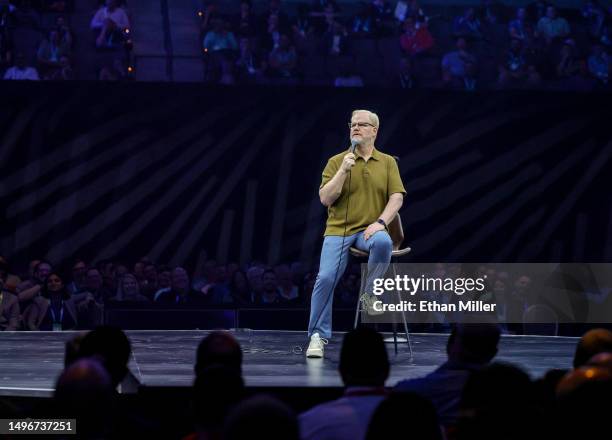 Comedian Jim Gaffigan performs his stand-up comedy routine during a keynote address at Cisco Live! at Michelob ULTRA Arena on June 07, 2023 in Las...