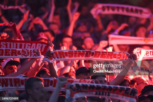 Fans of VfB Stuttgart during the Bundesliga playoffs second leg match between Hamburger SV and VfB Stuttgart at Volksparkstadion on June 05, 2023 in...