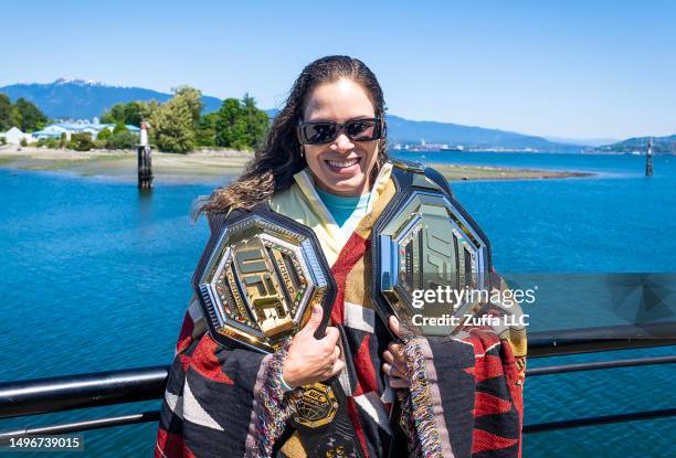 Amanda Nunes of Brazil poses during a First Nations Welcoming Ceremony at Musqueam Community on June 06, 2023 in Vancouver, British Columbia.