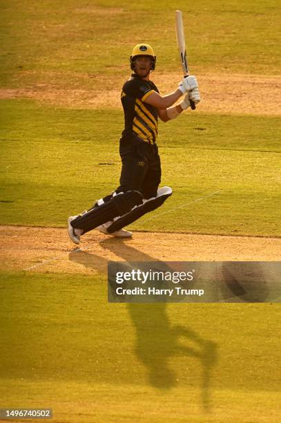 Sam Northeast of Glamorgan plays a shot during the Vitality T20 Blast match between Glamorgan and Surrey at Sophia Gardens on June 07, 2023 in...