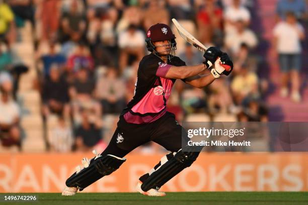 Will Smeed of Somerset in action during the Vitality Blast T20 match between Hampshire Hawks and Somerset CCC at the Ageas Bowl on June 07, 2023 in...