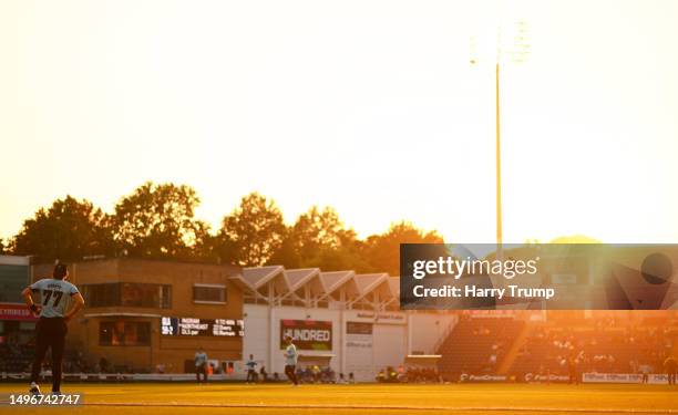 Sean Abbott of Surrey looks on during the Vitality T20 Blast match between Glamorgan and Surrey at Sophia Gardens on June 07, 2023 in Cardiff, Wales.