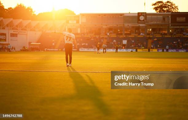 Sean Abbott of Surrey looks on during the Vitality T20 Blast match between Glamorgan and Surrey at Sophia Gardens on June 07, 2023 in Cardiff, Wales.