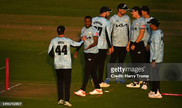 Chris Jordan of Surrey celebrates the wicket of Callum Taylor of Glamorgan during the Vitality T20 Blast match between Glamorgan and Surrey at Sophia...