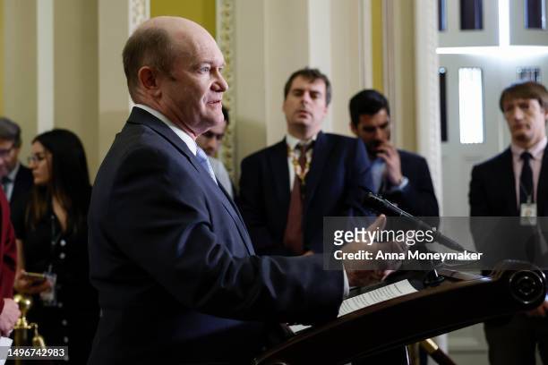 Sen. Chris Coons speaks to reporters after a weekly policy luncheon with Senate Democrats at the U.S. Capitol Building on June 07, 2023 in...