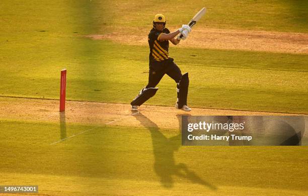 Sam Northeast of Glamorgan plays a shot during the Vitality T20 Blast match between Glamorgan and Surrey at Sophia Gardens on June 07, 2023 in...