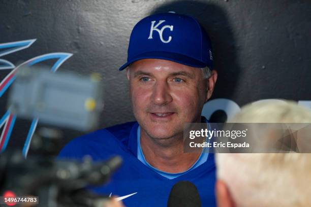 Manager Matt Quatraro of the Kansas City Royals speaks to the media before the game against the Miami Marlins at loanDepot park on June 07, 2023 in...