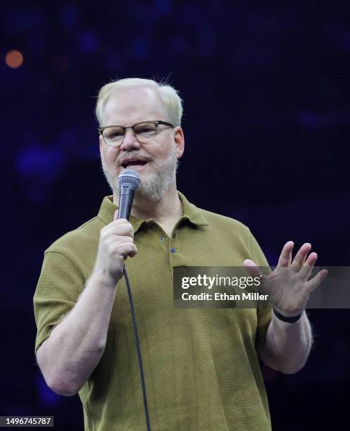 Comedian Jim Gaffigan performs his stand-up comedy routine during a keynote address at Cisco Live! at Michelob ULTRA Arena on June 07, 2023 in Las...