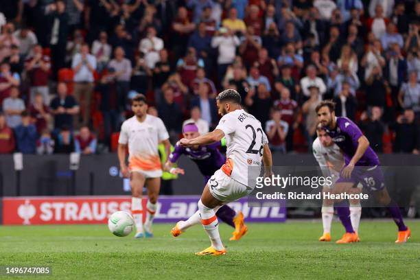 Said Benrahma of West Ham United scores the team's first goal from the penalty spot during the UEFA Europa Conference League 2022/23 final match...