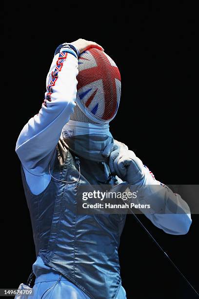 Anna Bentley of Great Britain comeptes against Eman Gaber of Egypt in the Women's Foil Team Fencing round of 16 against on Day 6 of the London 2012...