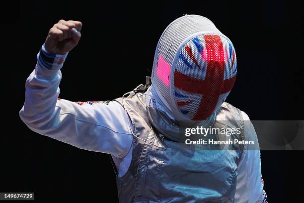 Anna Bentley of Great Britain celebrates a point against Eman Gaber of Egypt in the Women's Foil Team Fencing round of 16 against on Day 6 of the...