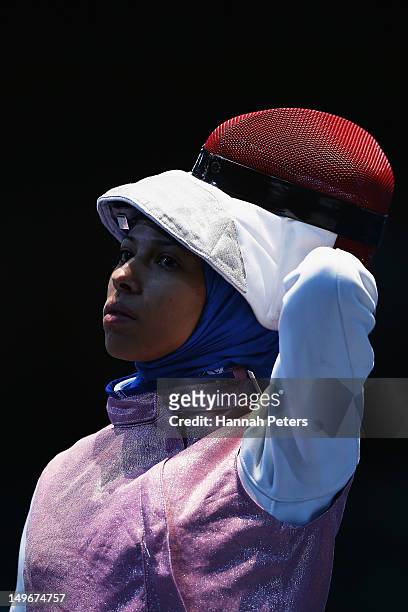 Eman Gaber of Egypt competes against Anna Bentley of Great Britain in the Women's Foil Team Fencing round of 16 against on Day 6 of the London 2012...