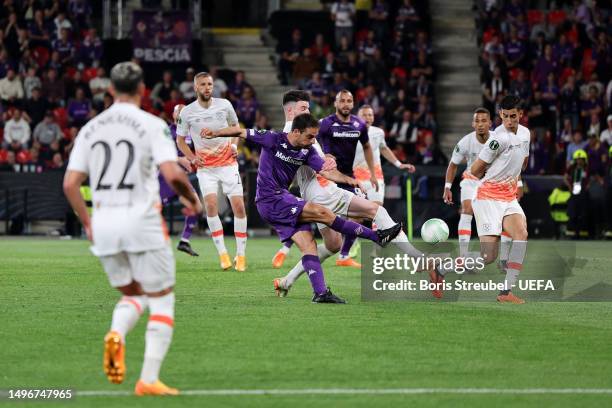 Giacomo Bonaventura of ACF Fiorentina scores the team's first goal during the UEFA Europa Conference League 2022/23 final match between ACF...