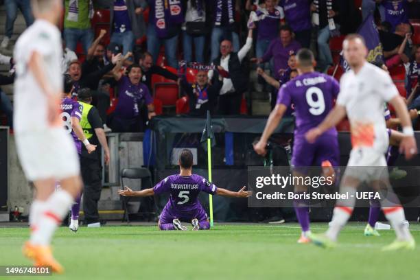 Giacomo Bonaventura of ACF Fiorentina celebrates after scoring the team's first goal during the UEFA Europa Conference League 2022/23 final match...