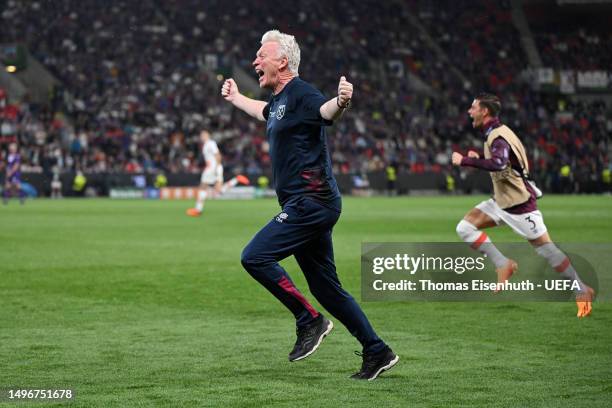 David Moyes, Manager of West Ham United, celebrates after their sides second goal during the UEFA Europa Conference League 2022/23 final match...