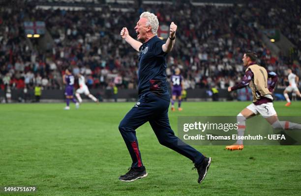 David Moyes, Manager of West Ham United, celebrates after their sides second goal during the UEFA Europa Conference League 2022/23 final match...