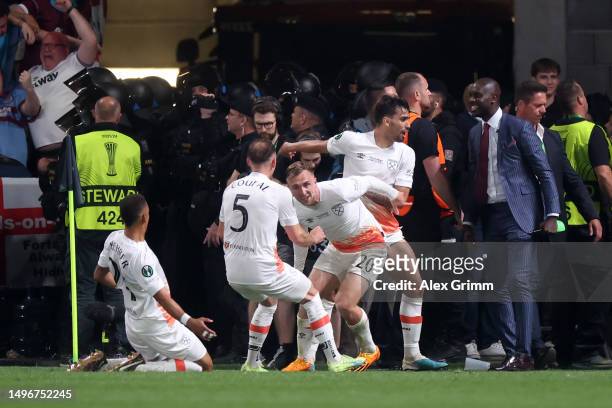 Jarrod Bowen of West Ham United celebrates after scoring the team's second goal during the UEFA Europa Conference League 2022/23 final match between...