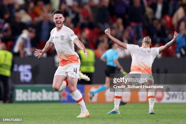 Declan Rice of West Ham United celebrates after the team's victory during the UEFA Europa Conference League 2022/23 final match between ACF...