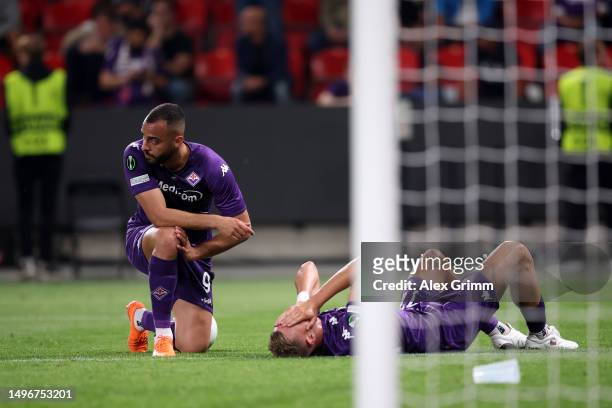 Arthur Cabral and Antonin Barak of ACF Fiorentina look dejected following the team's defeat during the UEFA Europa Conference League 2022/23 final...