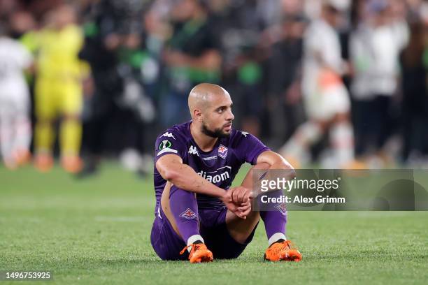 Sofyan Amrabat of ACF Fiorentina looks dejected following the team's defeat during the UEFA Europa Conference League 2022/23 final match between ACF...