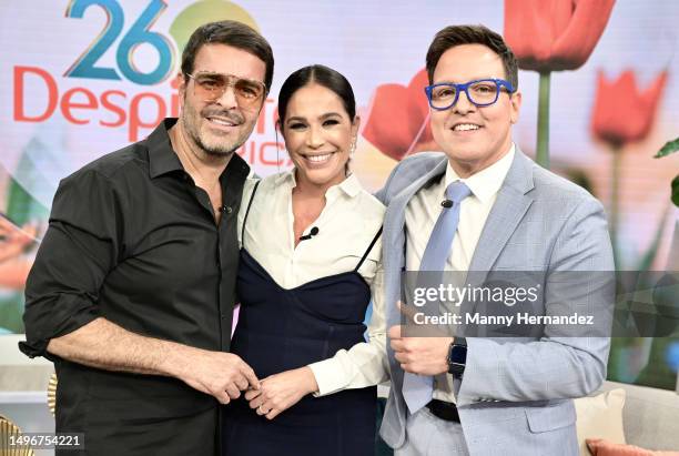 Pablo Montero, Karla Martinez and Raul Gonzalez are seen at "Despierta America" morning show at Univision Studios on June 7, 2023 in Doral, Florida.