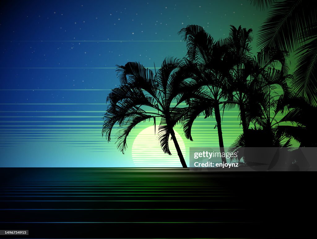 Illustration rétro du vecteur de coucher de soleil tropical à ondes de vapeur