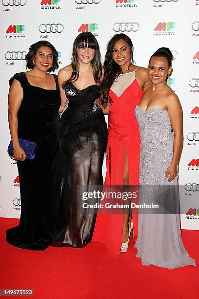 Deborah Mailman, Shari Sebbens, Jessica Mauboy and Miranda Tapsell arrive at the Australian Premiere of The Sapphires at the Russell Street Greater...