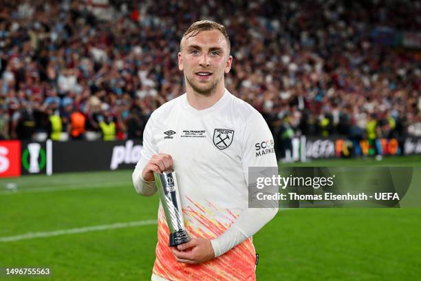 Jarrod Bowen of West Ham United poses for a photo with the Laufenn Player Of The Match award after the team's victory during the UEFA Europa...