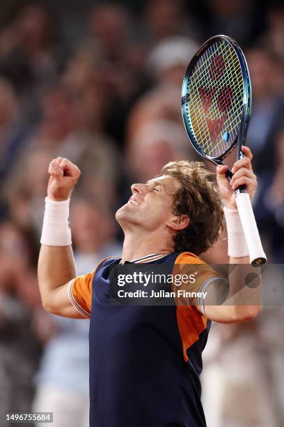 Casper Ruud of Norway celebrates winning match point against Holger Rune of Denmark during the Men's Singles Quarter Final match on Day Eleven of the...