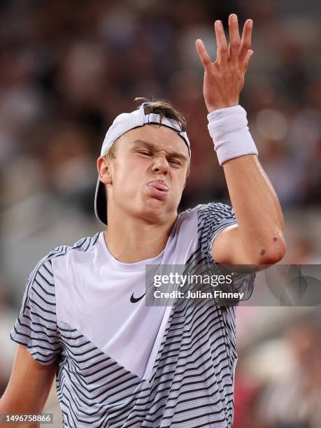 Holger Rune of Denmark reacts against Casper Ruud of Norway during the Men's Singles Quarter Final match on Day Eleven of the 2023 French Open at...