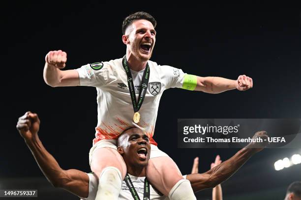 Angelo Ogbonna and Declan Rice of West Ham United celebrate with the fans after the team's victory during the UEFA Europa Conference League 2022/23...