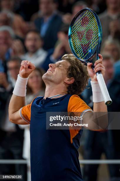Casper Ruud of Norway celebrates winning match point during the Men's Singles Quarter Final Round Match against Holger Rune of Denmark during Day 11...