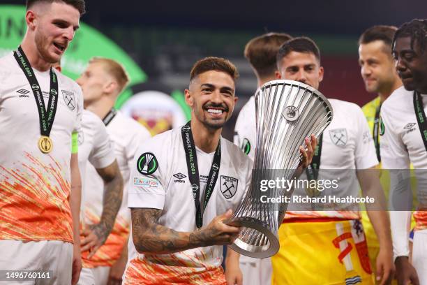 Manuel Lanzini of West Ham United celebrates with the UEFA Europa Conference League trophy after the team's victory during the UEFA Europa Conference...