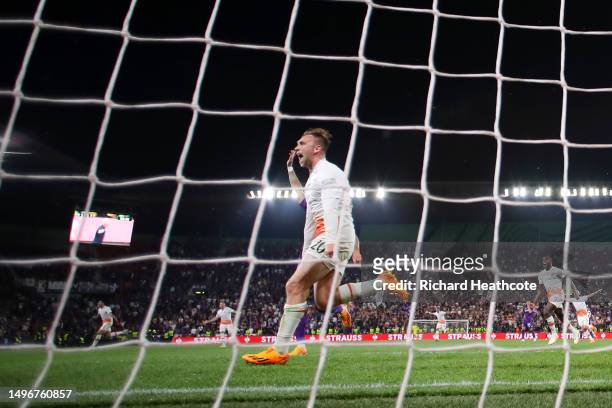 Jarrod Bowen of West Ham United celebrates after scoring the team's second goal during the UEFA Europa Conference League 2022/23 final match between...