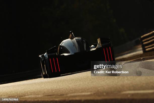 The Peugeot TotalEnergies Peugeot 9X8 of Paul di Resta, Mikkel Jensen and Jean-Eric Vergne drives during practice for the 100th anniversary 24 Hours...