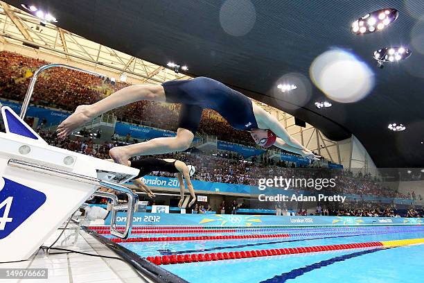 Rebecca Adlington of Great Britain dives off the starting blocks in the Women's 800m Freestyle heat 5 on Day 6 of the London 2012 Olympic Games at...