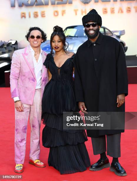 Anthony Ramos, Dominique Fishback and Tobe Nwigwe attend the "Transformers: Rise Of The Beasts" European Premiere at Cineworld Leicester Square on...