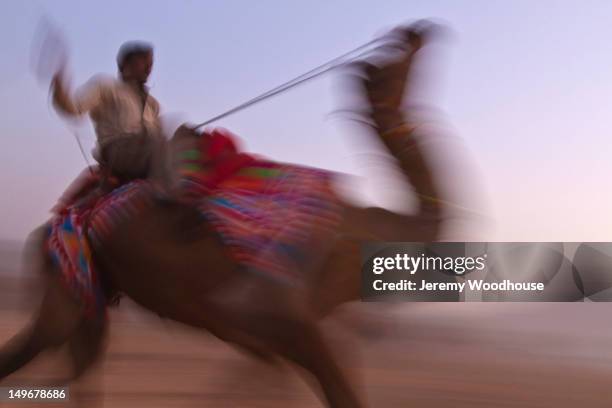 blurred scene of man riding camel - camel active fotografías e imágenes de stock