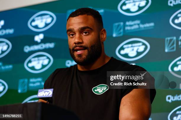 Defensive lineman Solomon Thomas of the New York Jets talks with reporters after the teams OTAs at Atlantic Health Jets Training Center on June 6,...