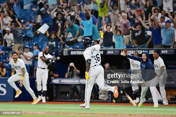 Randy Arozarena of the Tampa Bay Rays hits a walk-off home run in the ninth inning to defeat the Minnesota Twins 2-1 at Tropicana Field on June 07,...