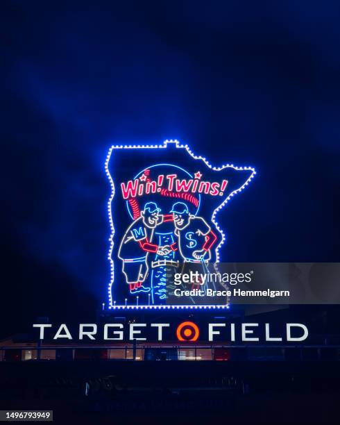 General view of the Minnesota Twins celebration sign following the game against the Cleveland Guardians on June 2, 2023 at Target Field in...
