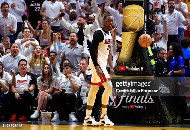 Bam Adebayo of the Miami Heat reacts after a dunk during the second quarter against the Denver Nuggets in Game Three of the 2023 NBA Finals at Kaseya...