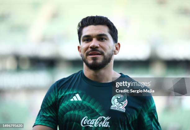 Henry Martin of Mexico warms up prior to an international friendly match between Mexico and Guatemala at Kraken Stadium on June 07, 2023 in Mazatlan,...