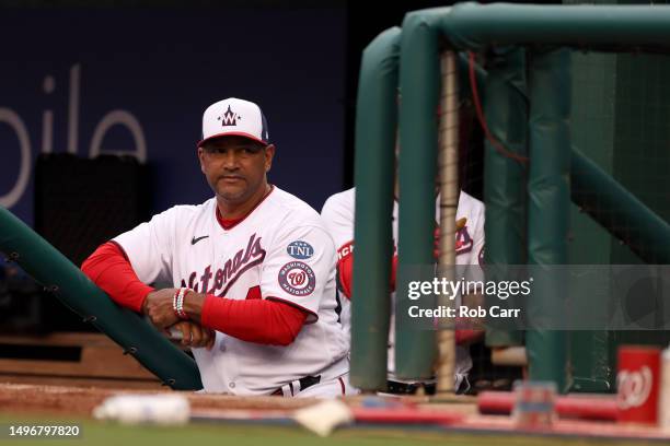 Manager Dave Martinez of the Washington Nationals looks on from the dugout against the Arizona Diamondbacks at Nationals Park on June 07, 2023 in...