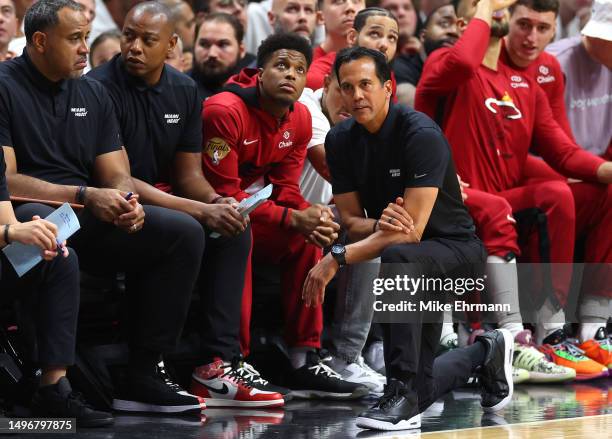 Head coach Erik Spoelstra of the Miami Heat looks on during the first half against the Denver Nuggets in Game Three of the 2023 NBA Finals at Kaseya...